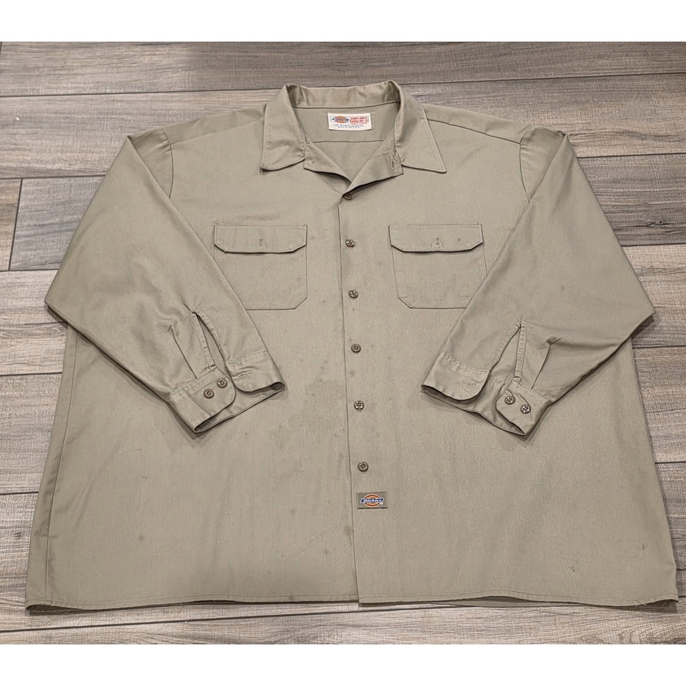 Vintage 90s Dickies Mens 20x35 Faded Workwear Mechanic Button Shirt Khaki USA